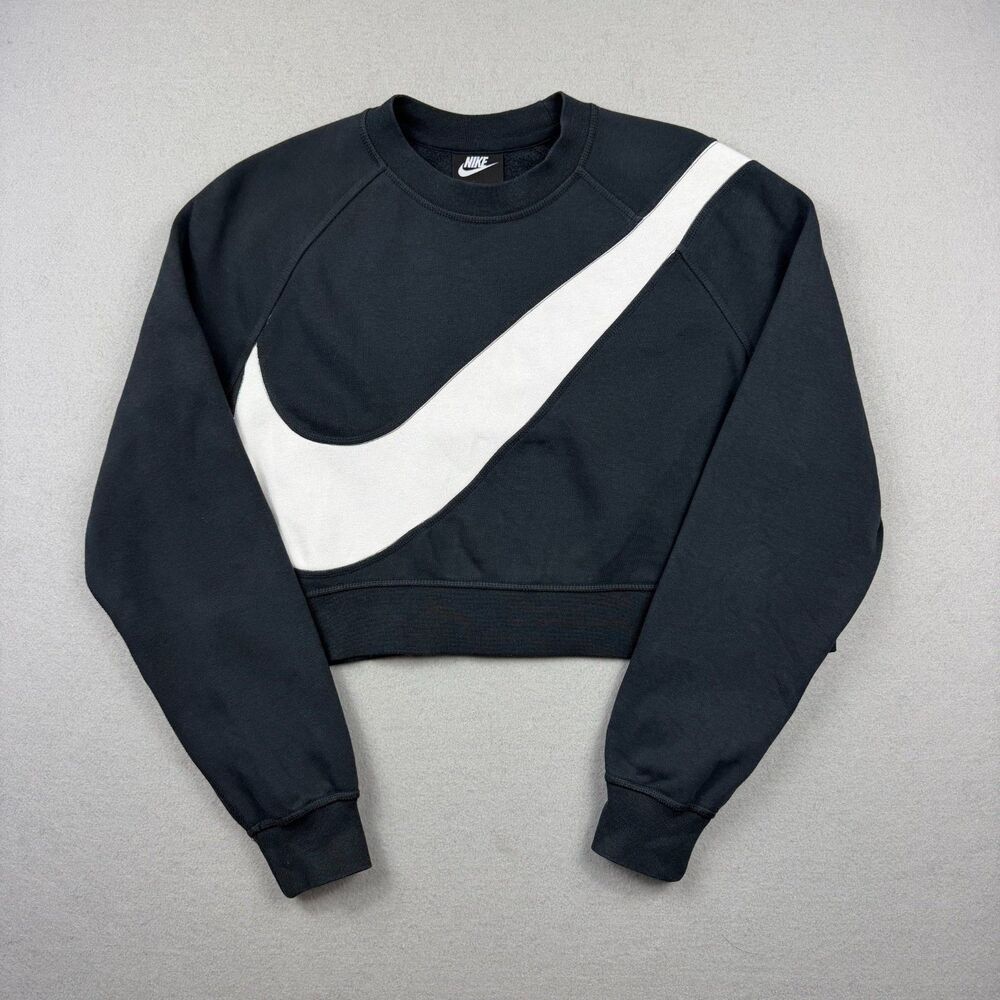 Nike Sportswear Swoosh Cropped Sweatshirt Womens M Black White Logo Crewneck